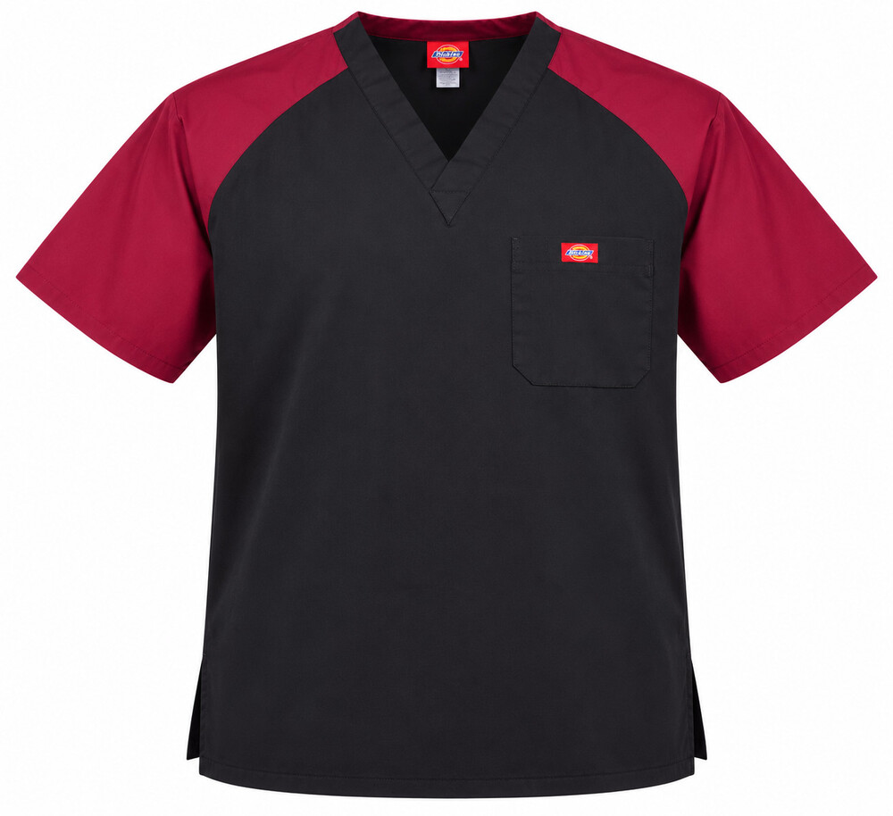 Dickies Scrub Top Black Burgundy V Neck Men's XL-2XL 26" Pit to Pit